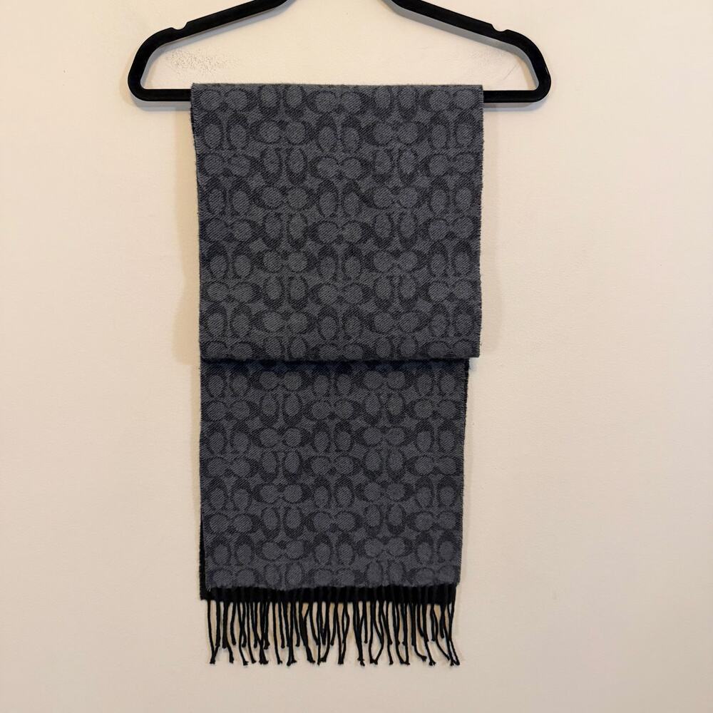 Coach 76057 Signature Wool Cashmere Scarf Designer Luxury Warm Soft Fringe Gray - Picture 5 of 6